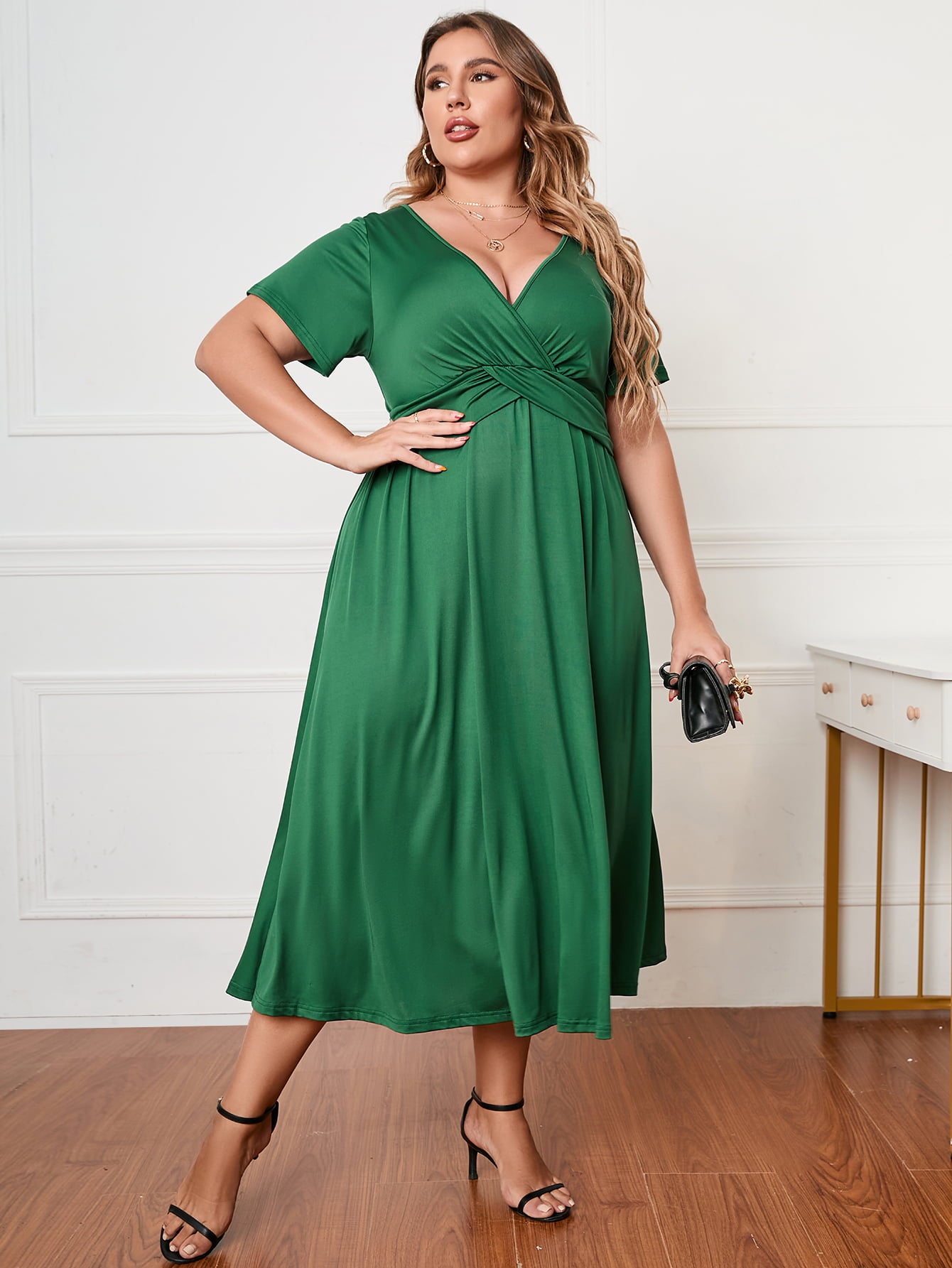 Honey Plus Size Short Sleeve Surplice Neck Midi Dress SONI